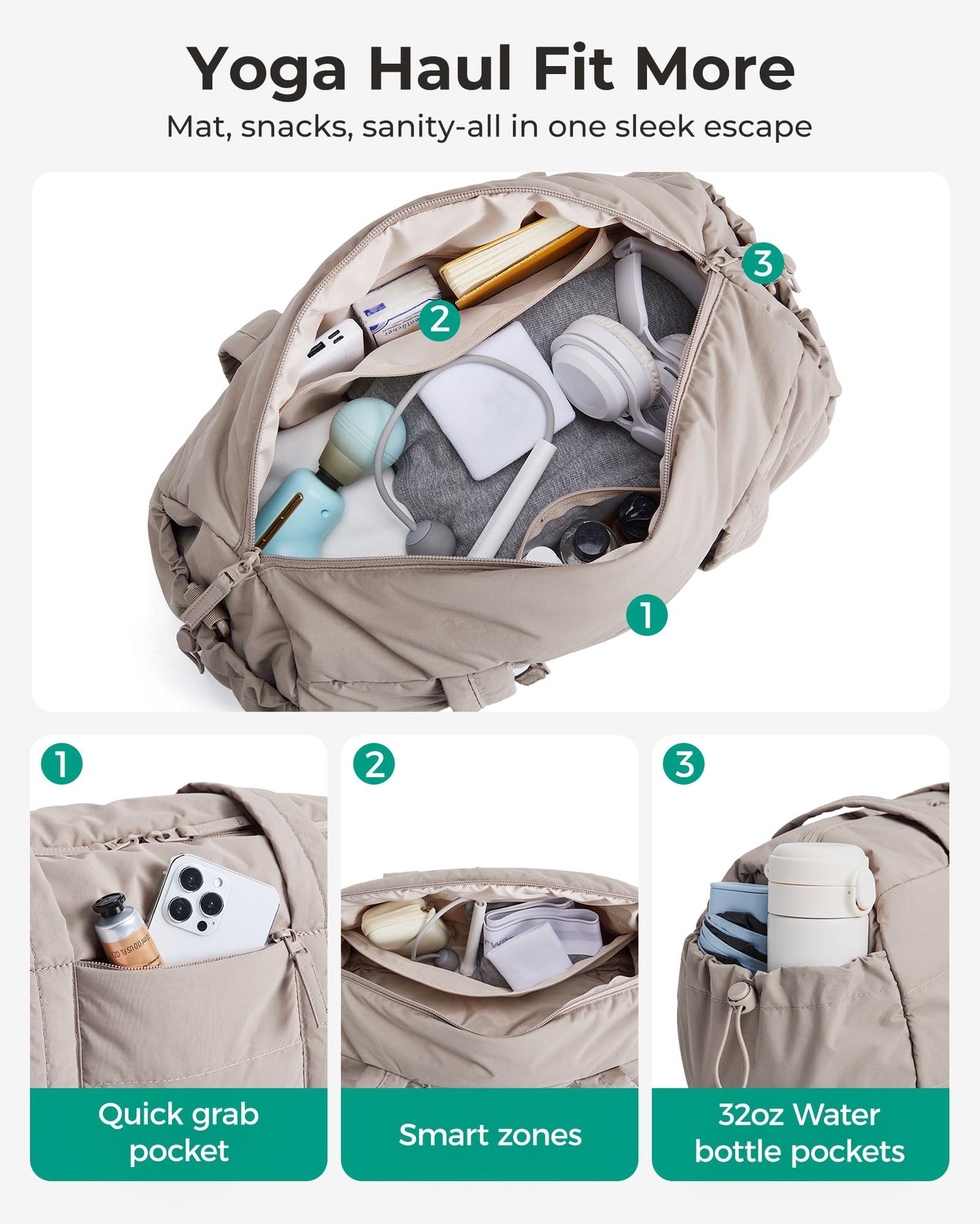 bagsmart Reiki Sporttasche für Damen, Reisetasche für Yogamatten mit Nass- und Trockenfach, 18L Gesteppte Sporttasche für Wochenende/Schwimmen, Sandbraun