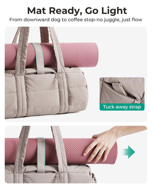 bagsmart Reiki Sporttasche für Damen, Reisetasche für Yogamatten mit Nass- und Trockenfach, 18L Gesteppte Sporttasche für Wochenende/Schwimmen, Sandbraun